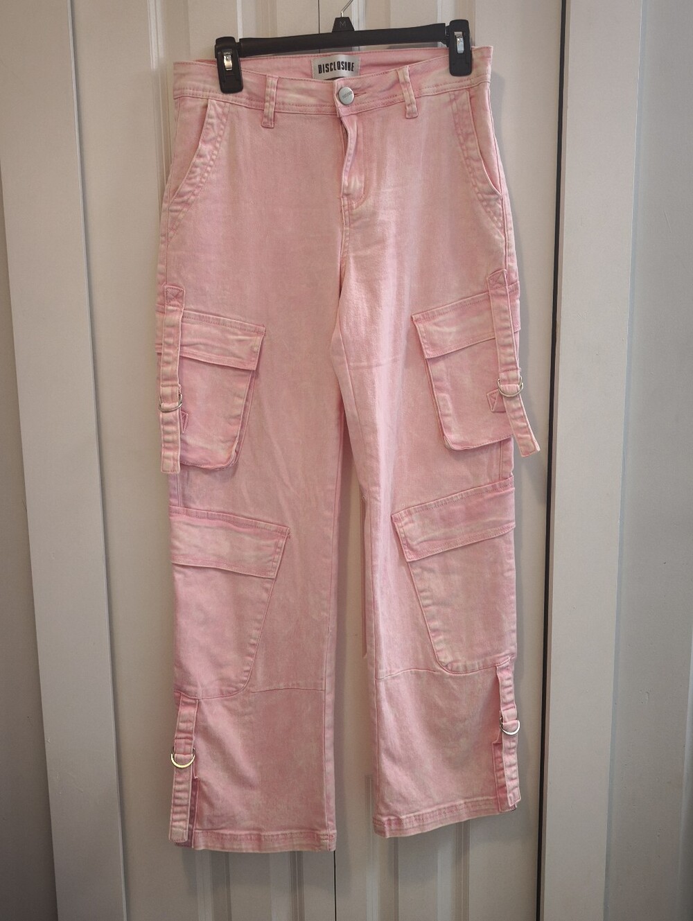 Disclosure Pink Acid Wash Cargo Jeans 7/28 Y2K Baggy Wide Leg Utility